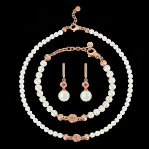 Rose Gold Orange Crystal Necklace Earrings Bracelet 925 Sterling Silver Freshwater Pearl Runway Show Jewelry Set