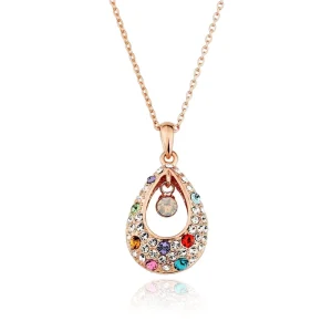 Rose Gold Plated Copper Teardrop Pendant Necklace Colorful Zircon Crystal Women Fashion Jewelry Daily Wear Party Gift