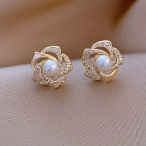 Rose Pearl Earrings for Women Exaggerated Korean Flower Fashion Jewelry Earrings