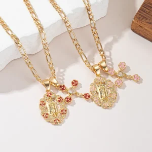 Rose Portrait Floral Pendant Necklace 18K Gold Plated Stainless Steel European Fashion Accessories Tarnish Free Women