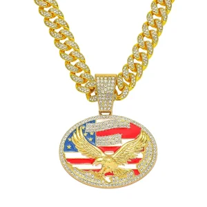 Round American Flag Eagle Rhinestone Pendant With Alloy 13mm Miai Cuban Link Chain Necklace Jewelry