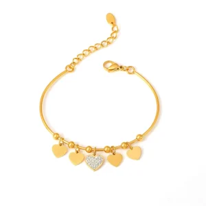 Round Bead Love Heart Diamond Pendant Bracelet Stainless Steel 18k Gold Plated Charm Bracelet