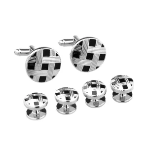 Round Black Enamel Cufflinks and Stud Sets Checked Tuxedo Suit Shirt Jewelry Fashionable Tie Clip Accessory