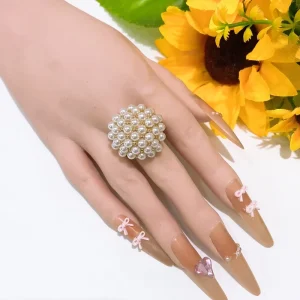 Round Dense Pearl Cluster Statement Ring Gold Trim Chunky Wide Band Ring Elegant Vintage Finger Jewelry for Women Daily Wear