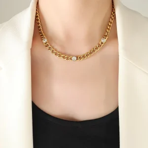 Round Green Stone Pendant Cubic Zirconia Link Chain Necklace Adjustable Charms with Lobster Clasp Gold filled Jewelry