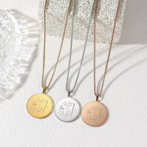 Round Medal Arabic Islam Muslim Allah Calligraphy Quran Eid Stainless Steel Fashion Jewelry Necklace for Men Women