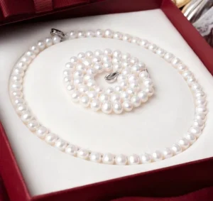 Round Pearl Necklace 8-10mm White Freshwater Pearl Women’s Fashion 925 Sterling Silver Gift