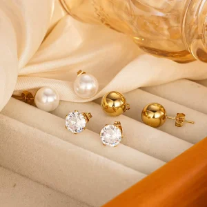 Round Pearl Zircon Stud Earrings Stainless Steel 18K Gold Plated Waterproof Hypoallergenic Women Jewelry