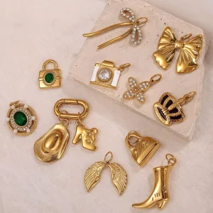 Round Zircon Charm Tarnish Free Stainless Steel 18K Gold Plated Pendant DIY Jewelry Elegant Bowknot Key Cross Charms