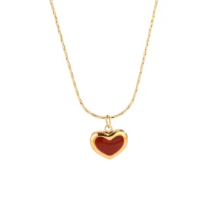 Ruby Inlaid Heart Pendant Stainless Steel Necklace Light Luxury Style Elegant Long Sweater Chain Accessories