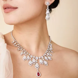 Ruby Water Droplet Necklace Set with Zircon Wedding Jewelry