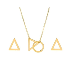 S-124 Jewelry 24K Gold Triangle Round Pendant Necklace Earrings Stainless Steel Two-piece Set