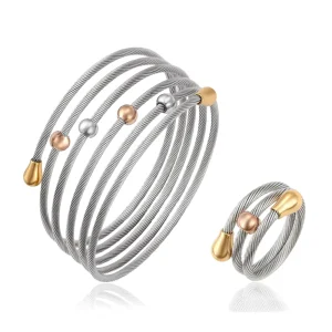 S 208 Xuping Fashion Stainless Steel Bead Charm Cuff Bangle and Ring Women’s Jewelry Set