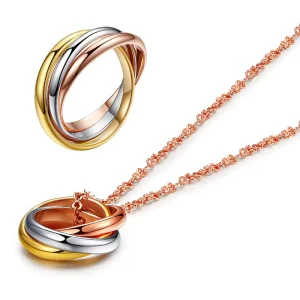 S021 Top Quality Women Classical 3 Rounds 18K Rose Yellow White Gold Gold Plated Ring and Necklace Jewelry Set