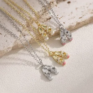 S11520 Gold Silver Plated Inlaid CZ Balletcore Ballet Shoes Slippers Chain Necklace Studs Earrings Jewelry Set