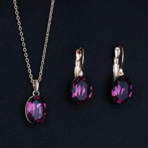 S152 Women Classic Geometric Oval Purple Crystal Rose Gold Color Earrings and Necklace Jewelry Set