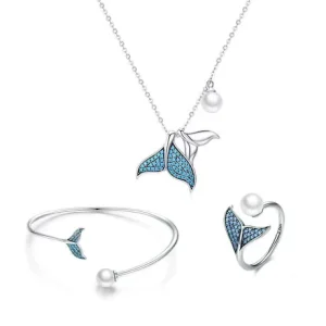S925 Shell Beads Four Piece Jewelry Set for Ladies Tail Sterling Silver Mermaid Ring Necklace Bracelet Customized Size Classic