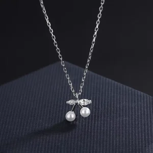 S925 Silver Cherry Pearl Zircon Pendant Necklace 925 Sterling Silver Fruit Necklace