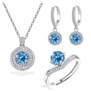 S925 Silver GRA Certified Brilliant Cut Moissanite Jewelry Set with Wedding Band, Open Ring, and Chain Necklace