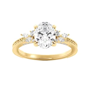 S925 Silver Gold Tone Oval Moissanite Wedding Ring With Milgrain and Side Accent Stones