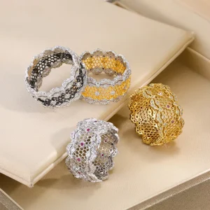 S925 Silver Hollow Lace Ring Unisex Black Gold Design Italian Craft Vintage Style Zircon Anniversary Jewelry