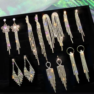 S925 Silver Needle Long Tassel Rhinestone Large Circle Statement Earring