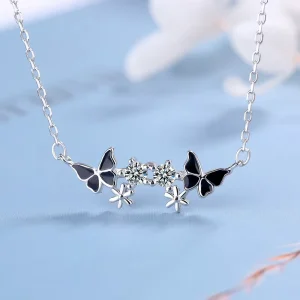 S925 Silver Rhodium Plated Butterfly Necklace Dopamine Temperament Fashion Zircon Cable Chain Sporty Jewelry Gift