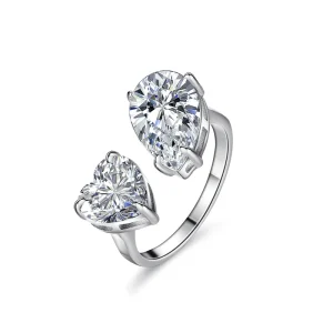 S925 Silver Rhodium Plated Moissanite Women’s Ring with Diamond Studded Heart Pear Water Drop Shapes