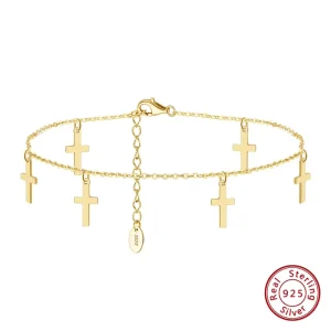 S925 Sterling Silver Adjustable Cross Anklet Gold Plated Religious Party Jewelry