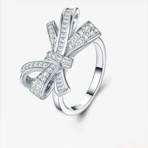 S925 Sterling Silver Bow Knot Ring With Moissanite Stones Fashion Jewelry Gift for Women