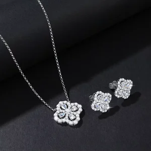 S925 Sterling Silver Brilliant Cut Moissanite Four leaf Clover Three Piece Unisex Bracelet Necklace Earrings Jewelry Set