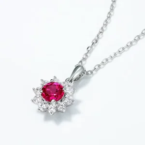 S925 Sterling Silver Cultivated Ruby Inlay Sunflower Necklace Women’s Fashion Light Luxury High end Pendant