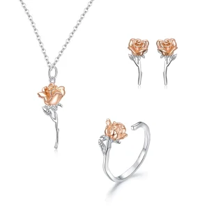 S925 Sterling Silver Elegant Rose Ring Necklace Stud Earrings Rose Gold Flower Fashion Jewelry Set