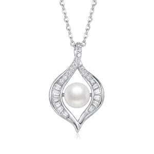 S925 Sterling Silver Eye Shaped CZ Halo Freshwater Pearl Pendant Necklace Elegant Drop Jewelry for Women