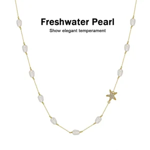 S925 Sterling Silver Freshwater Pearl AAA Grade 14K Gold Plated Starfish Clavicle Chain Women’s Fashion Design Necklace