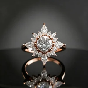 S925 Sterling Silver Gold Retro Flower Moissanite Prong Setting Niche Fashion Ring 1ct