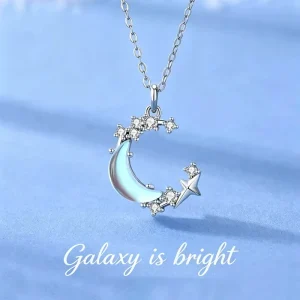 S925 Sterling Silver Moonstone Necklace Women’s Crescent Moon Star Cross Chain Fashion Jewelry