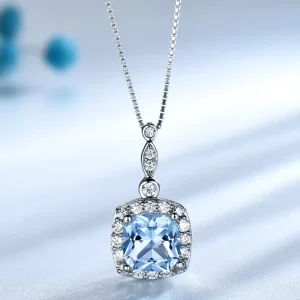 S925 Sterling Silver Necklace Sky Blue Sapphire Gemstone Pendant Necklace
