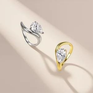 S925 Sterling Silver Pear Cut Moissanite Wave Ring Gold Plated Curved Band Solitaire Dome Women Jewelry