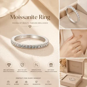 S925 Sterling Silver Ring Women D Color Moissanite Stackable Eternity Band Minimalist Elegant Fashion Closed Ring