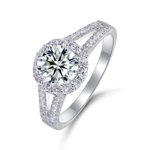 S925 Sterling Silver Round Cut Moissanite Engagement Diamond Halo Ring With GRA Certificate