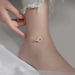 S925 Sterling Silver Simple love Anklet Double Ring Leg Chain Suitable for Fashion Girls Women Gift Accessories