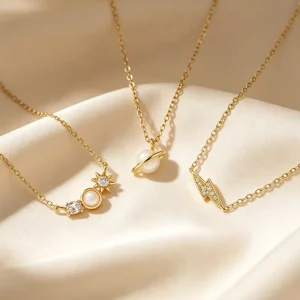 S925 Sterling Silver Space Theme Necklace Set with Pearl Star Planet Pendant French Layered Clavicle Chain