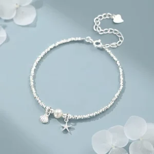 S999 Pure Silver Starfish Shell Pearl Charm Bracelet Ocean Beach Jewelry For Women