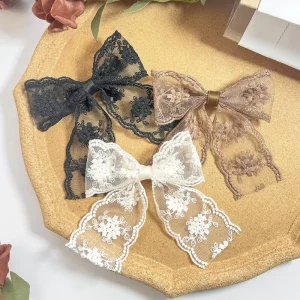 SASAACC Retro Fashion Korean Embroidery Bow Hair Clip 5cm Elegant Duckbill Hairclip for Casual and Party Occasions