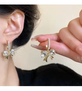 SC French Style 925 Silver Post Gold Plated Earrings Fashion Jewelry Heart shaped Rhinestone Bow Dangling Earrings for Women