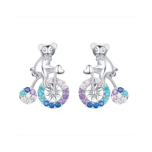 SCE667 Bear Bicycle Crystal Stud Earrings with Zircon Stone Rainbow Jewelry for Girls and Women
