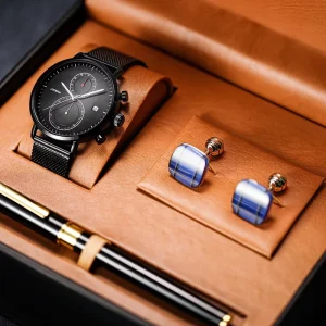 SINOBI Exquisite Quality Watch Gift Business Gift Cufflinks Fountain Pen Suit Quartz Men’s Watches Set