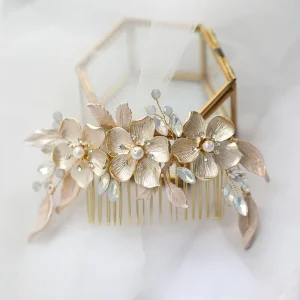 SLBRIDAL Gloden Handmade Opal Crystal Pearl Alloy Flower Bridal Hair Comb Hair Pin Set Wedding Hair Accessories Women Jewelry