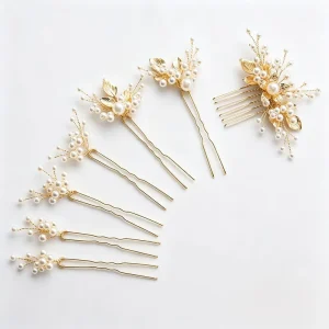 SLBRIDAL Handmade Alloy Flower Leaf Rhinestones Crystals Pearls Bridal Hair Pins Set Wedding Hair Accessories Women Hair Jewelry
